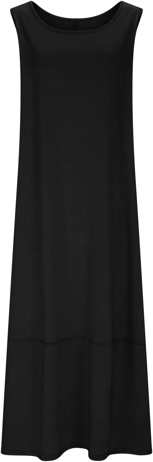 Women Casual Maxi Sundress 2025 Summer Sleeveless Beach Dress Crewneck Loose Ruffle Hem Flowy Tank Dresses with Pockets