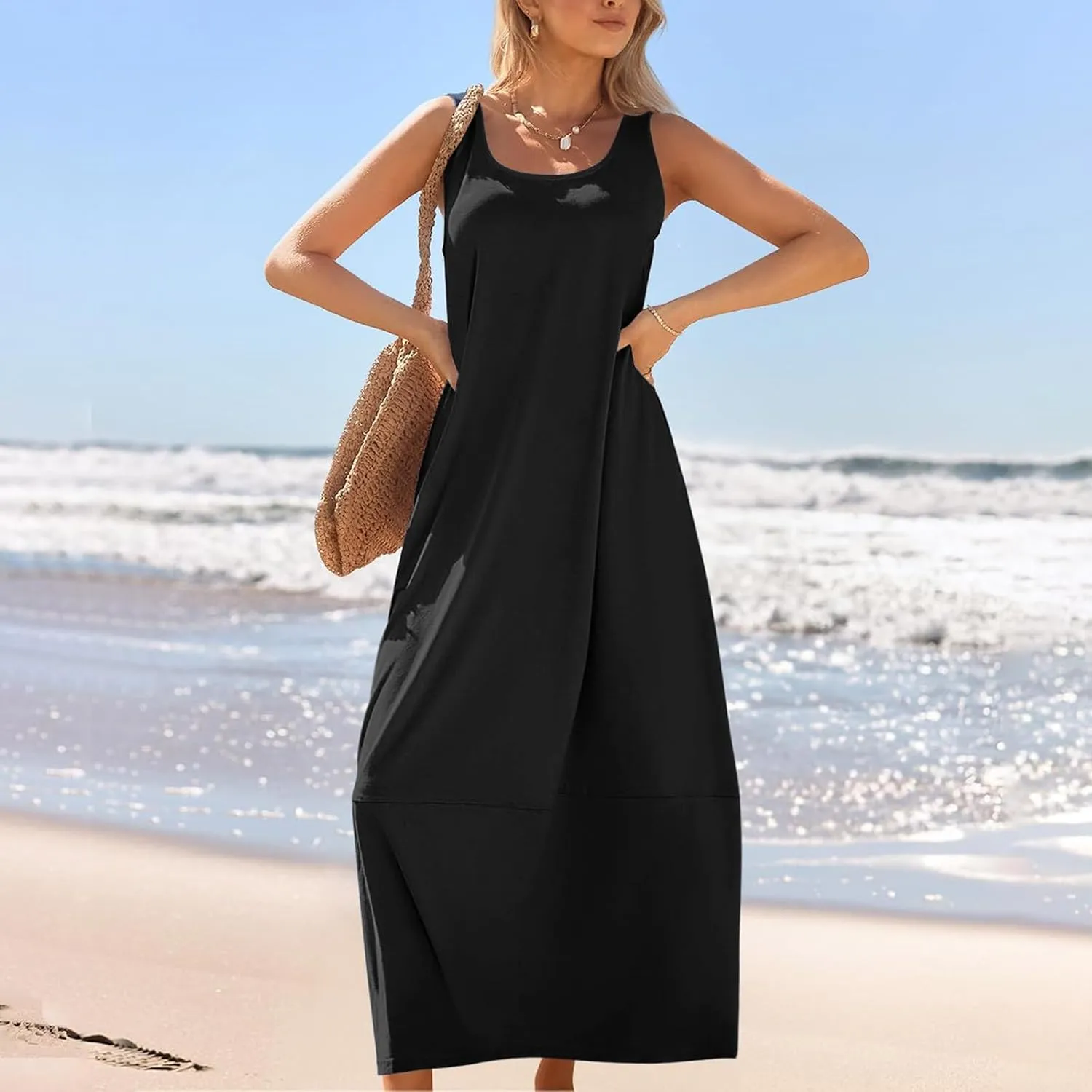 Women Casual Maxi Sundress 2025 Summer Sleeveless Beach Dress Crewneck Loose Ruffle Hem Flowy Tank Dresses with Pockets