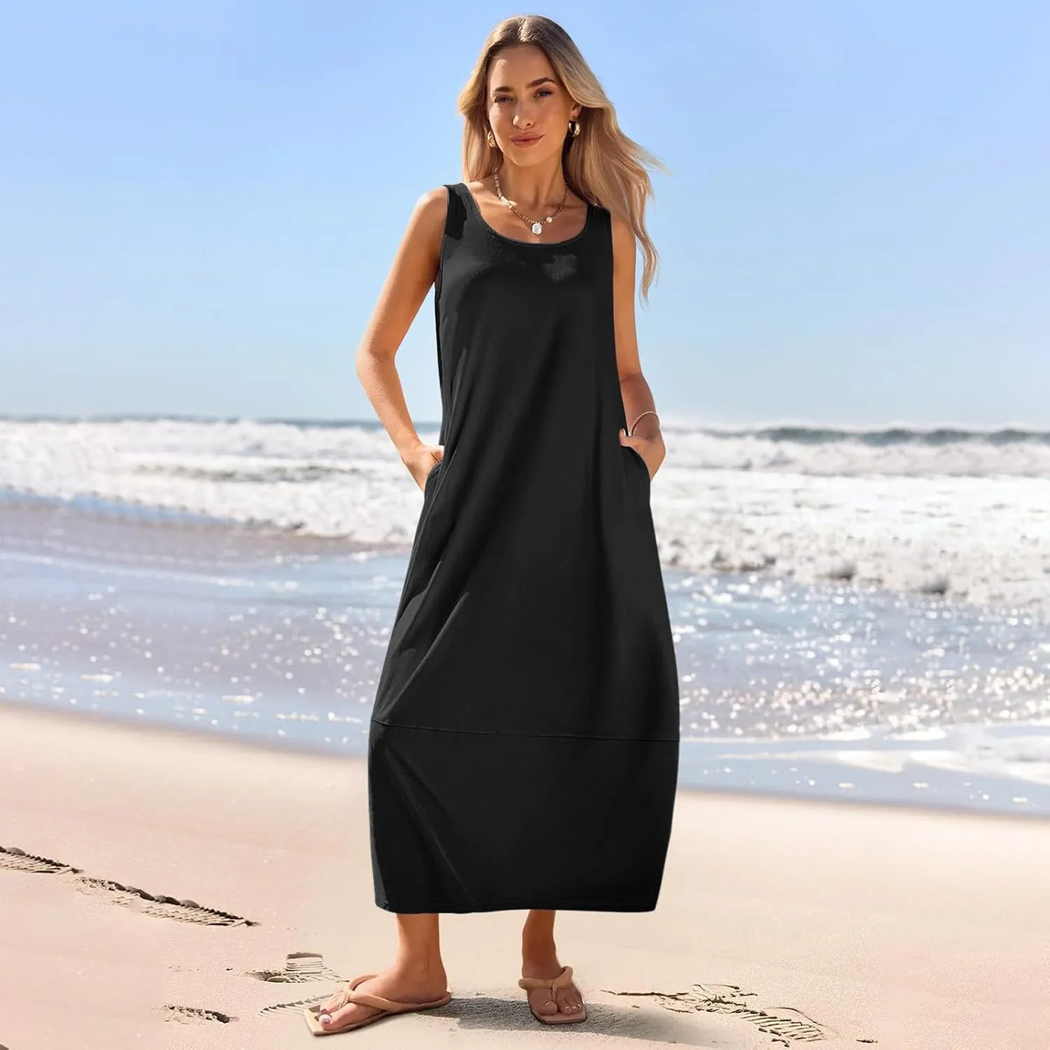 Women Casual Maxi Sundress 2025 Summer Sleeveless Beach Dress Crewneck Loose Ruffle Hem Flowy Tank Dresses with Pockets