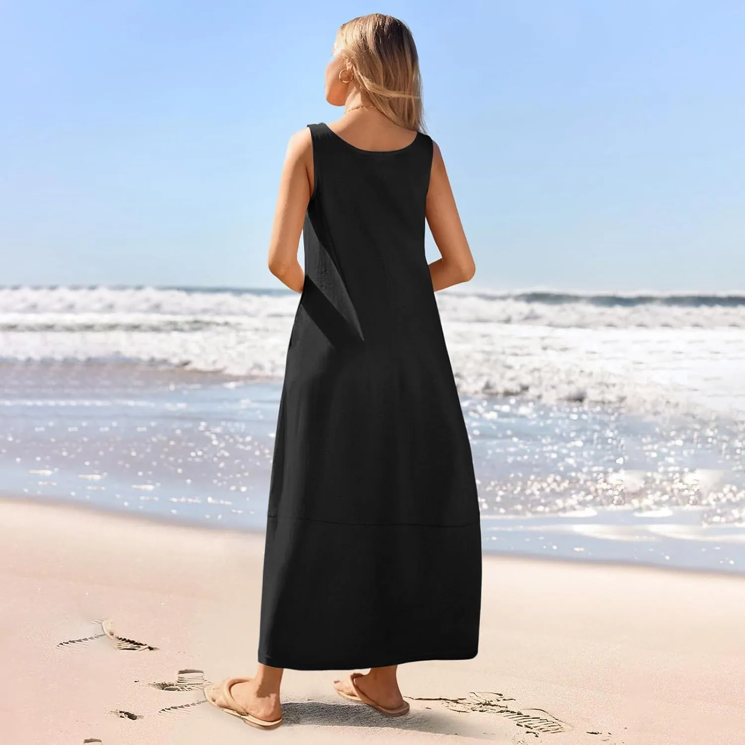 Women Casual Maxi Sundress 2025 Summer Sleeveless Beach Dress Crewneck Loose Ruffle Hem Flowy Tank Dresses with Pockets
