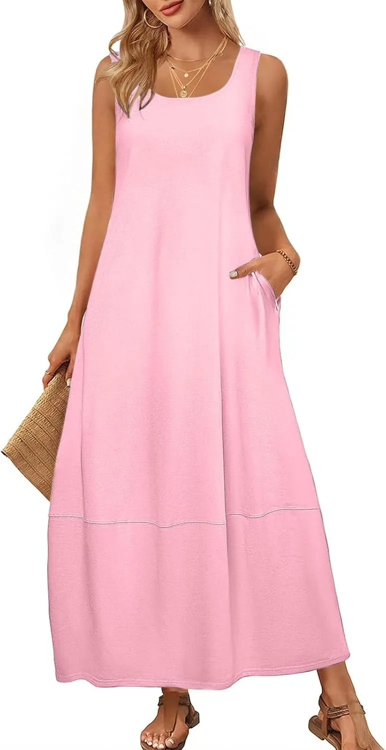 Women Casual Maxi Sundress 2025 Summer Sleeveless Beach Dress Crewneck Loose Ruffle Hem Flowy Tank Dresses with Pockets