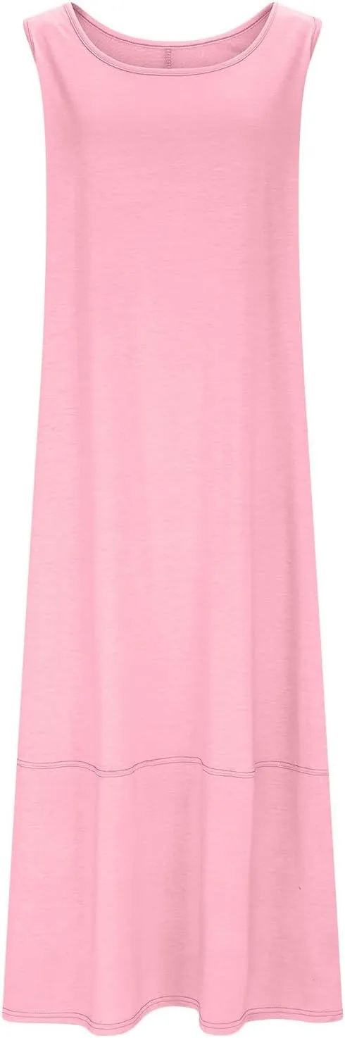 Women Casual Maxi Sundress 2025 Summer Sleeveless Beach Dress Crewneck Loose Ruffle Hem Flowy Tank Dresses with Pockets