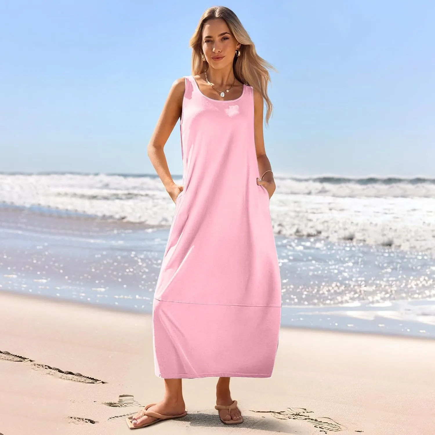 Women Casual Maxi Sundress 2025 Summer Sleeveless Beach Dress Crewneck Loose Ruffle Hem Flowy Tank Dresses with Pockets