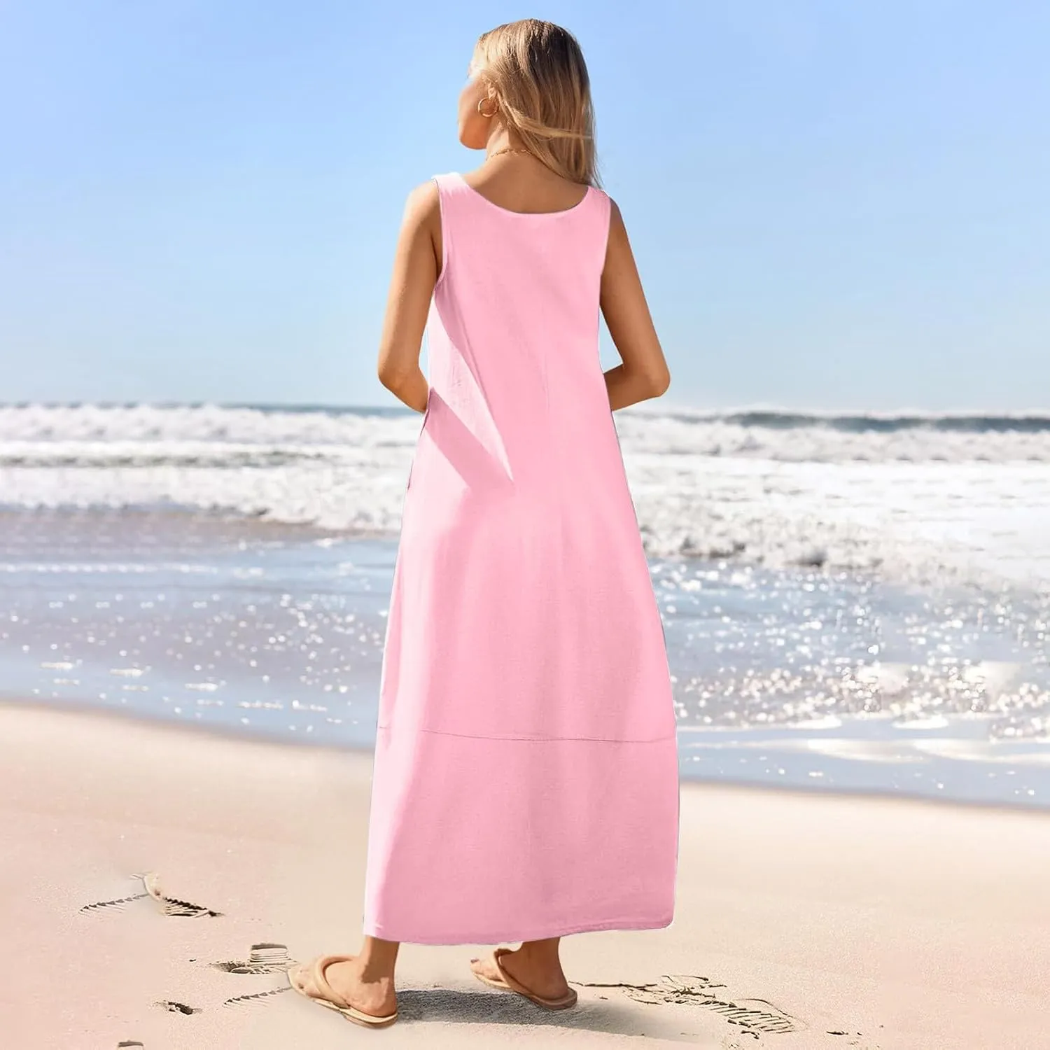 Women Casual Maxi Sundress 2025 Summer Sleeveless Beach Dress Crewneck Loose Ruffle Hem Flowy Tank Dresses with Pockets
