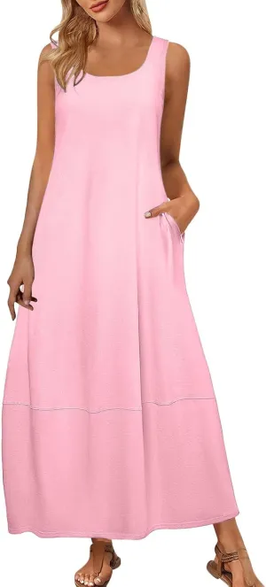 Women Casual Maxi Sundress 2025 Summer Sleeveless Beach Dress Crewneck Loose Ruffle Hem Flowy Tank Dresses with Pockets