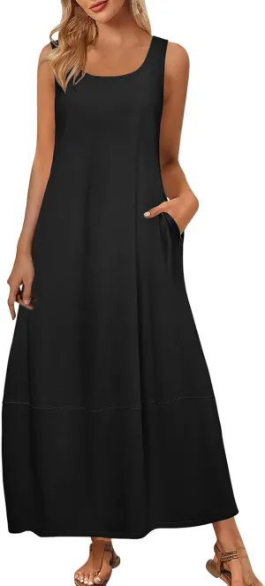 Women Casual Maxi Sundress 2025 Summer Sleeveless Beach Dress Crewneck Loose Ruffle Hem Flowy Tank Dresses with Pockets