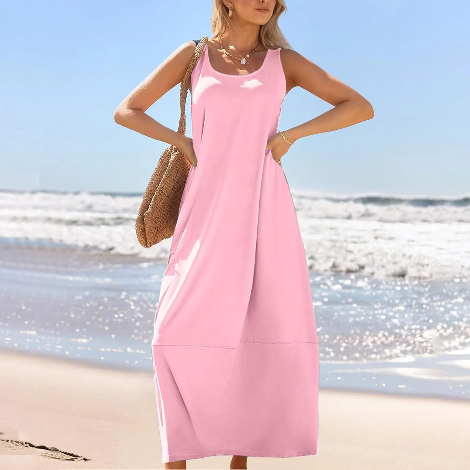 Women Casual Maxi Sundress 2025 Summer Sleeveless Beach Dress Crewneck Loose Ruffle Hem Flowy Tank Dresses with Pockets