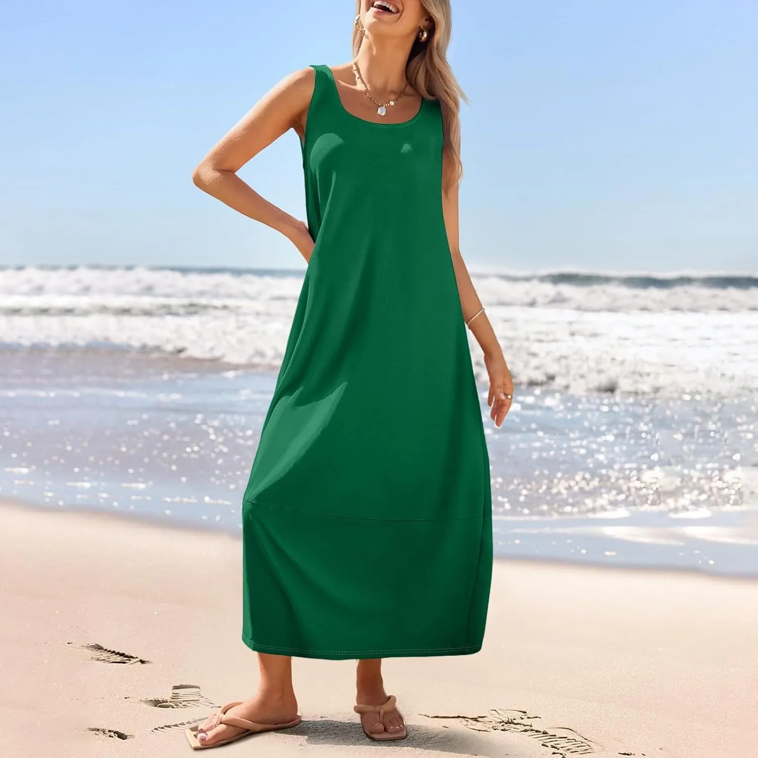 Women Dresses Casual Scoop Neck Maxi Dress Sleeveless Beach Vacation Tank Dress Flowy 2025 Summer Loose Sundress