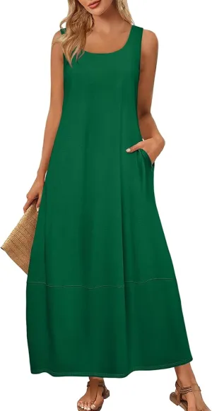 Women Dresses Casual Scoop Neck Maxi Dress Sleeveless Beach Vacation Tank Dress Flowy 2025 Summer Loose Sundress