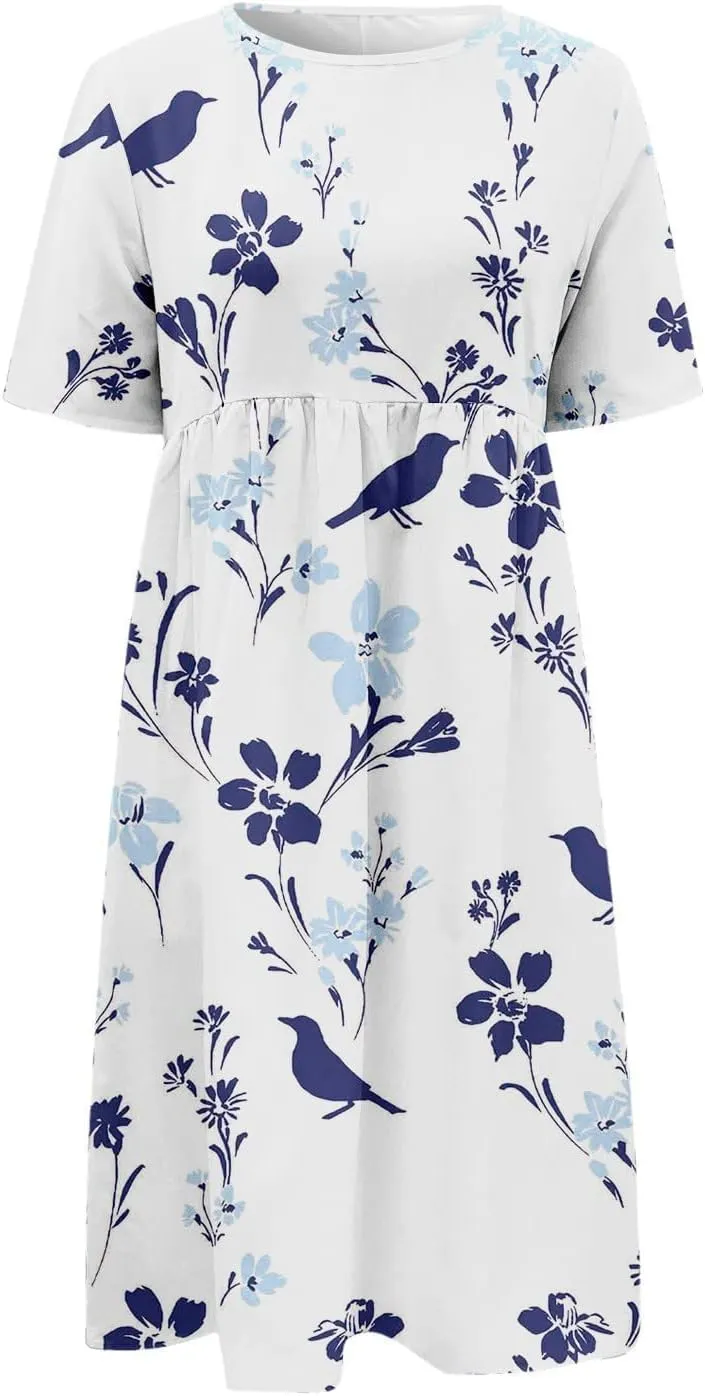 Women Ethnic Floral Casual Short Sleeve T-Shirt Dress Summer High Waist Fashion Crewneck A-Line Dress with Pockets