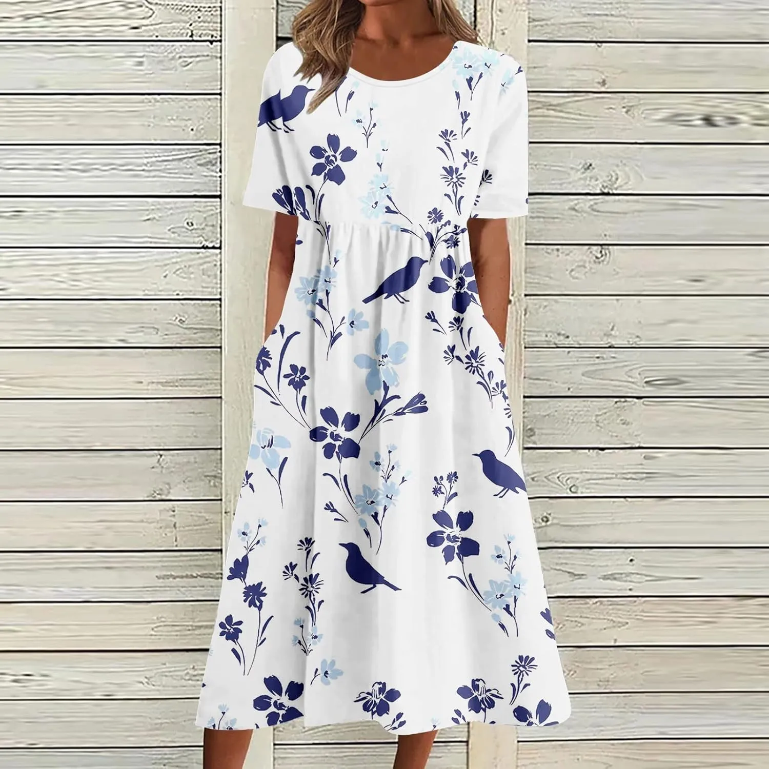 Women Ethnic Floral Casual Short Sleeve T-Shirt Dress Summer High Waist Fashion Crewneck A-Line Dress with Pockets