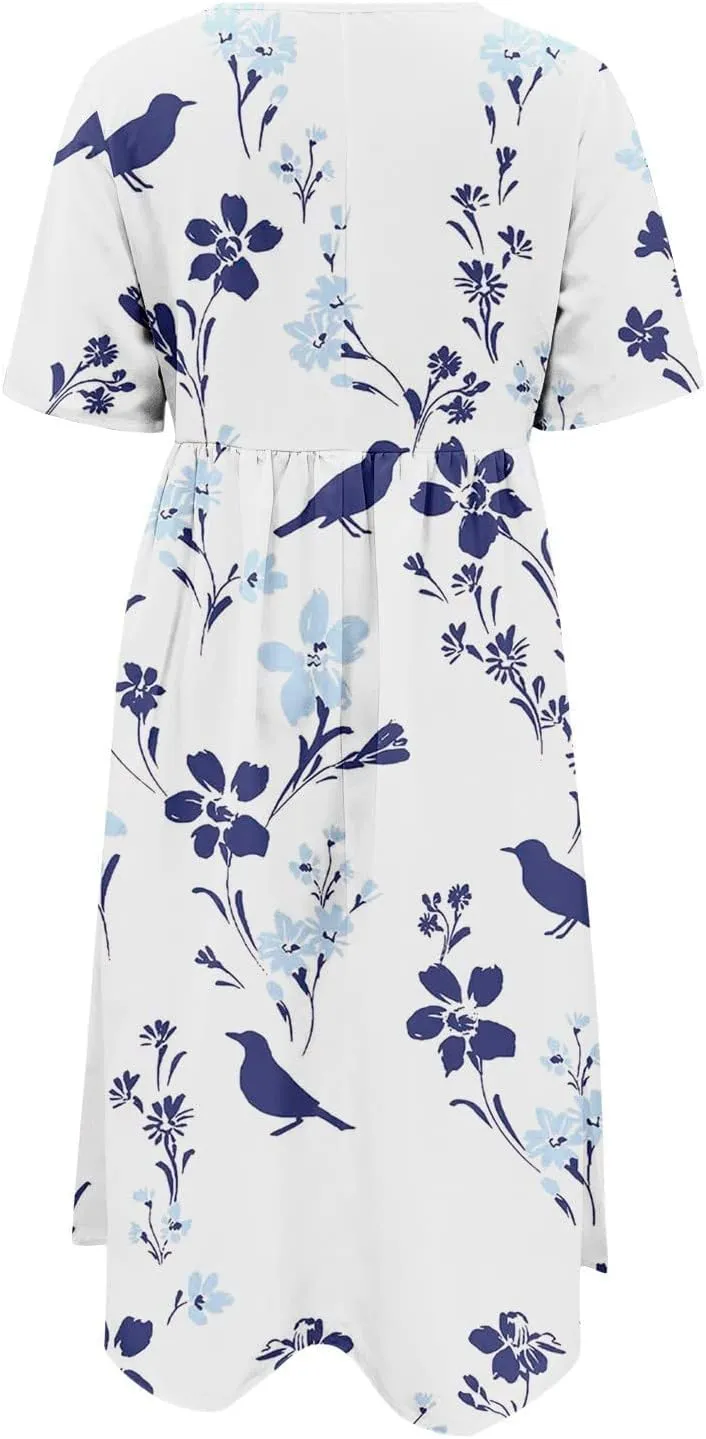 Women Ethnic Floral Casual Short Sleeve T-Shirt Dress Summer High Waist Fashion Crewneck A-Line Dress with Pockets