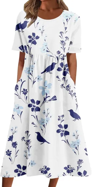 Women Ethnic Floral Casual Short Sleeve T-Shirt Dress Summer High Waist Fashion Crewneck A-Line Dress with Pockets