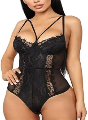 Women Sleepwear Sexy Lace Lingerie Bodysuit Blackless Underwear Pajamas Set