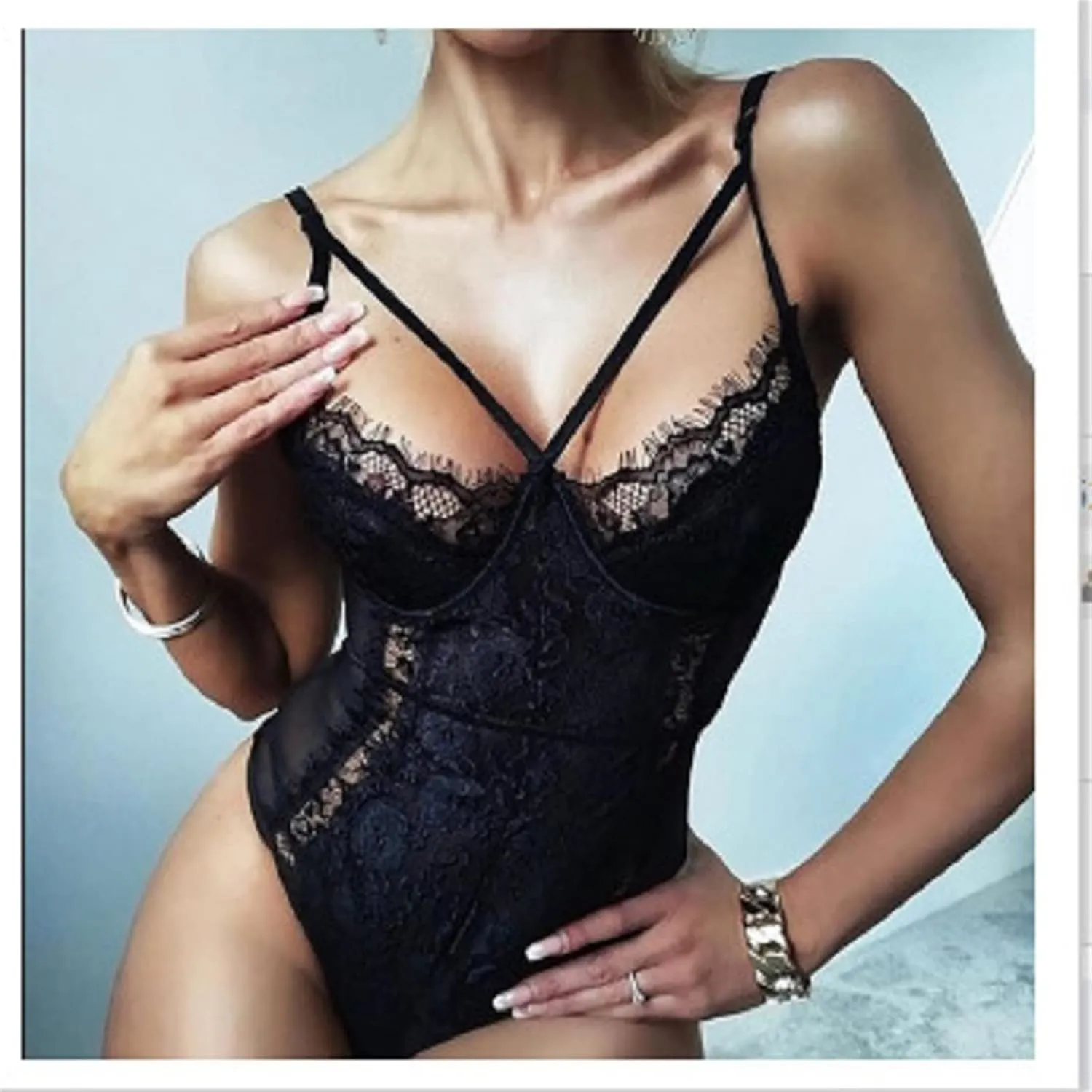 Women Sleepwear Sexy Lace Lingerie Bodysuit Blackless Underwear Pajamas Set