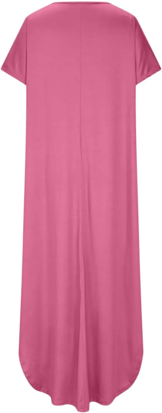 Women Summer Boho Maxi Dresses 2025 Casual Short Sleeve V Neck T Shirt Dress Split Hem A-Line Beach Dresses with Pockets
