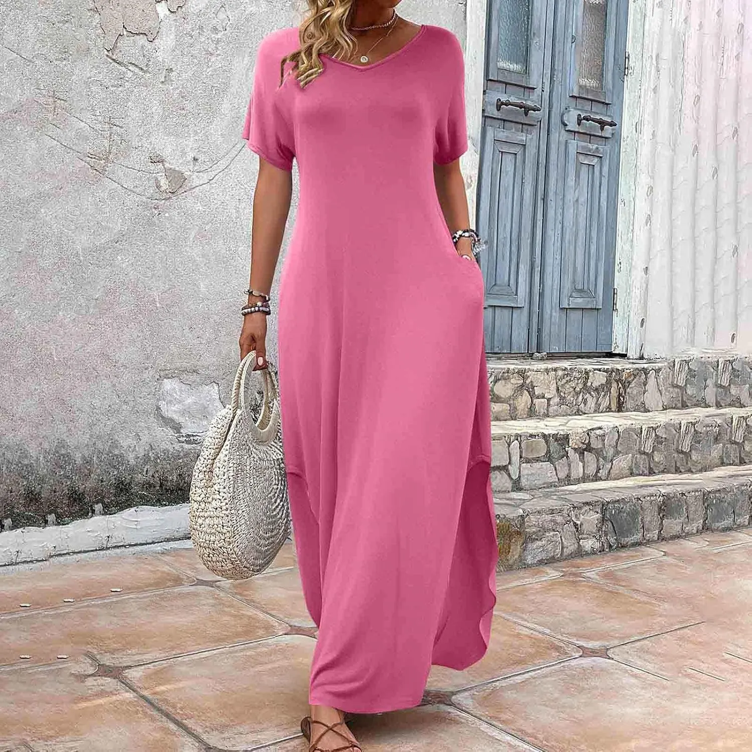 Women Summer Boho Maxi Dresses 2025 Casual Short Sleeve V Neck T Shirt Dress Split Hem A-Line Beach Dresses with Pockets