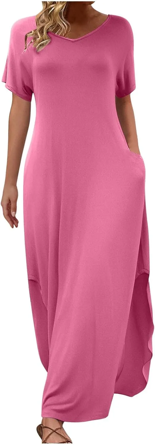 Women Summer Boho Maxi Dresses 2025 Casual Short Sleeve V Neck T Shirt Dress Split Hem A-Line Beach Dresses with Pockets