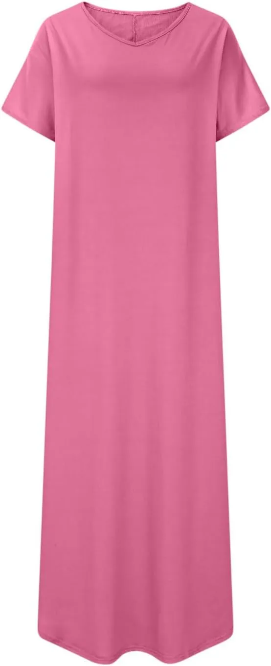 Women Summer Boho Maxi Dresses 2025 Casual Short Sleeve V Neck T Shirt Dress Split Hem A-Line Beach Dresses with Pockets