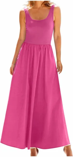 Women Summer Sleeveless Square Neck Maxi Tank Dress 2025 Casual Flowy Cocktail Party Beach Vacation Sundress with Pocket
