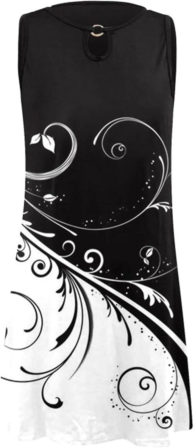 Womens 2023 Summer Tank Dress Sleeveless Keyhole Hollow Round Neck Boho Printed Hem Swing Short Mini Sundress Patterned Loose