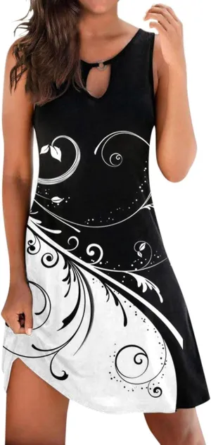 Womens 2023 Summer Tank Dress Sleeveless Keyhole Hollow Round Neck Boho Printed Hem Swing Short Mini Sundress Patterned Loose