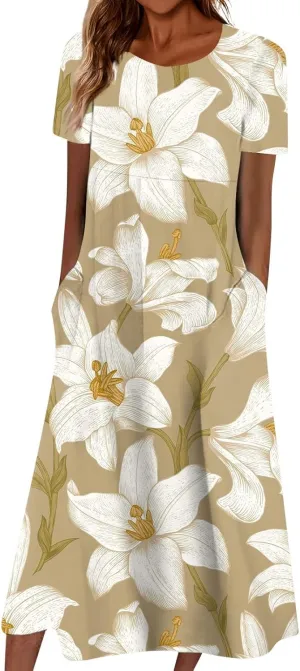 Womens 2024 Fashion Casual Plus Size O Neck Basic Dresses Short Sleeve Flowy Print Summer Dress with Pockets