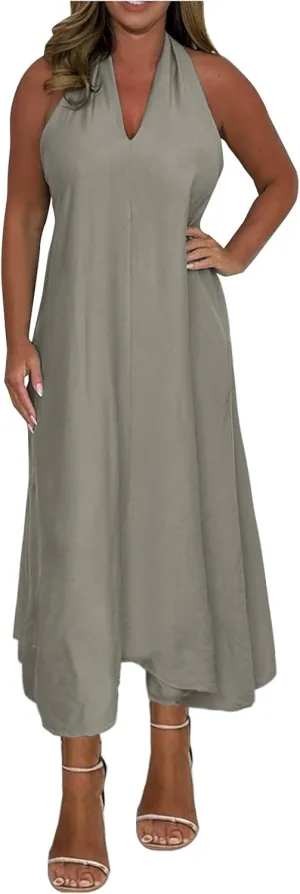 Women's 2025 Summer Halter Cross Back Maxi Dress Casual V Neck Sleeveless A-Line Flowy Beach Vacation Long Dresses