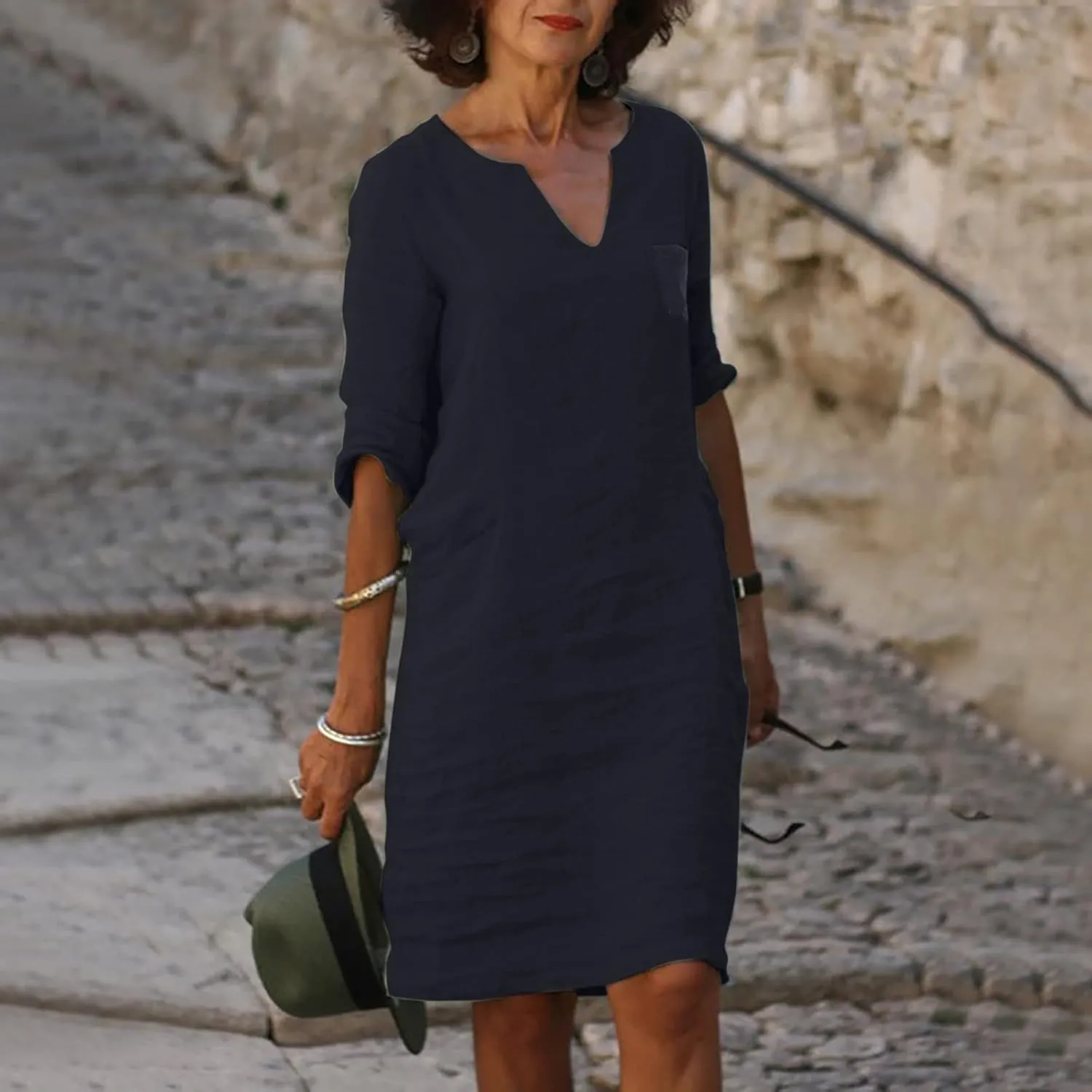 Womens Casual Cotton Linen Midi Shirt Dress Summer Beach Half Sleeve V Neck Shift Dress Knee Length Sundresses 1