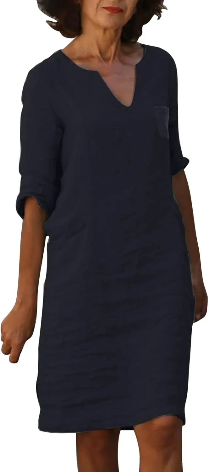 Womens Casual Cotton Linen Midi Shirt Dress Summer Beach Half Sleeve V Neck Shift Dress Knee Length Sundresses 1