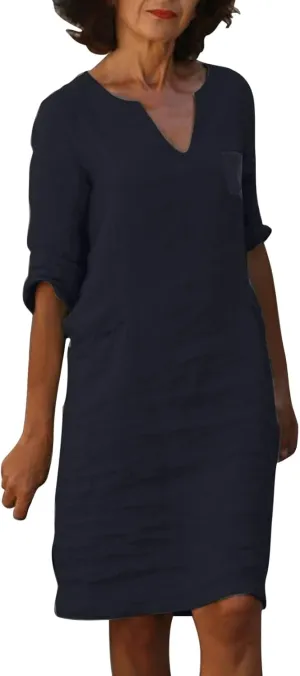 Womens Casual Cotton Linen Midi Shirt Dress Summer Beach Half Sleeve V Neck Shift Dress Knee Length Sundresses 1