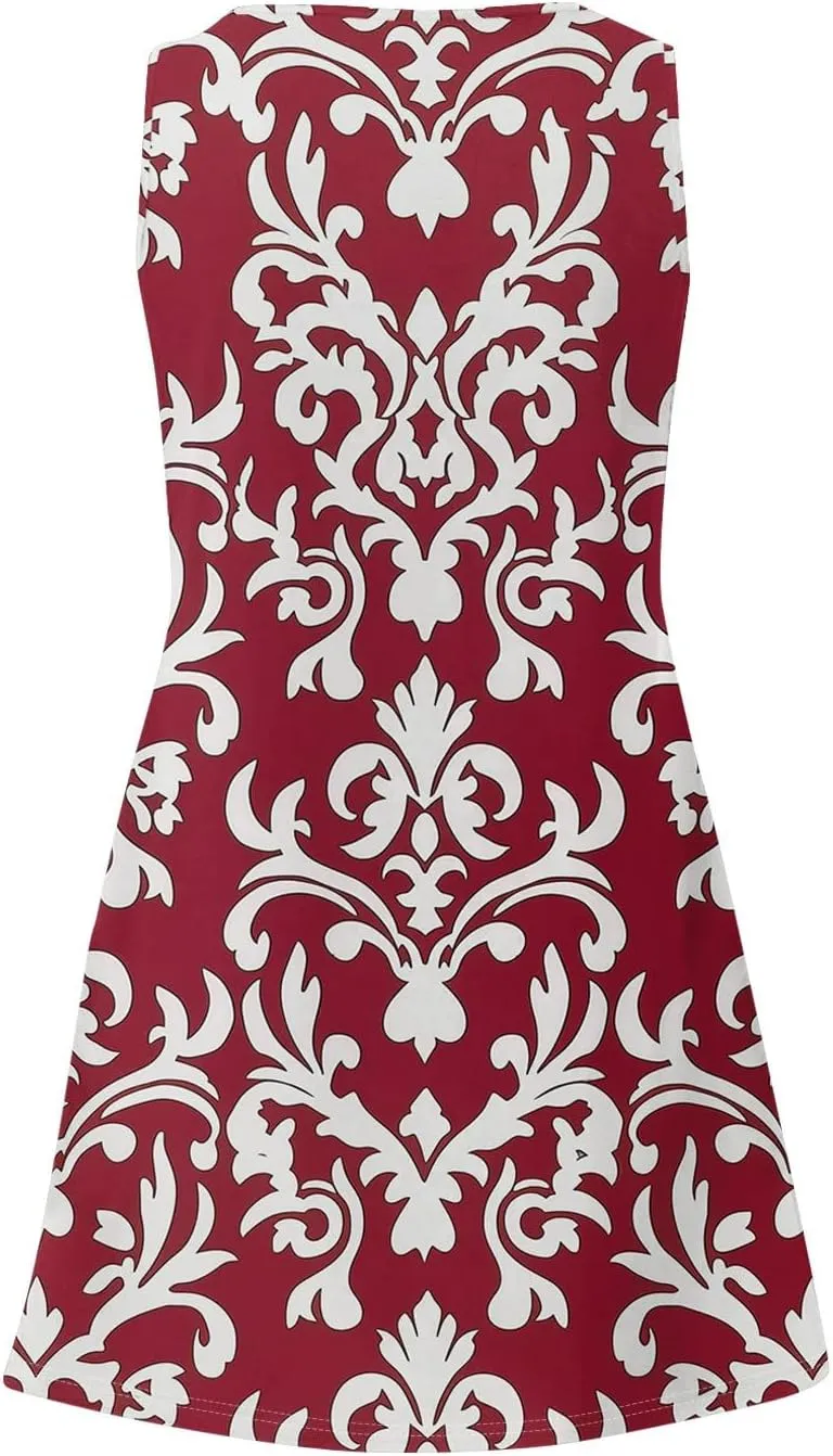 Womens Casual Summer Dresses 2025 Boho Sleeveless Sundresses with Pockets Pleated Beach Floral T Shirt Dresses