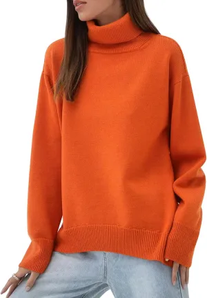 Women's Classic Turtleneck Long Sleeve Drop Shoulder Solid Color Knit Oversized Pullover Sweaters