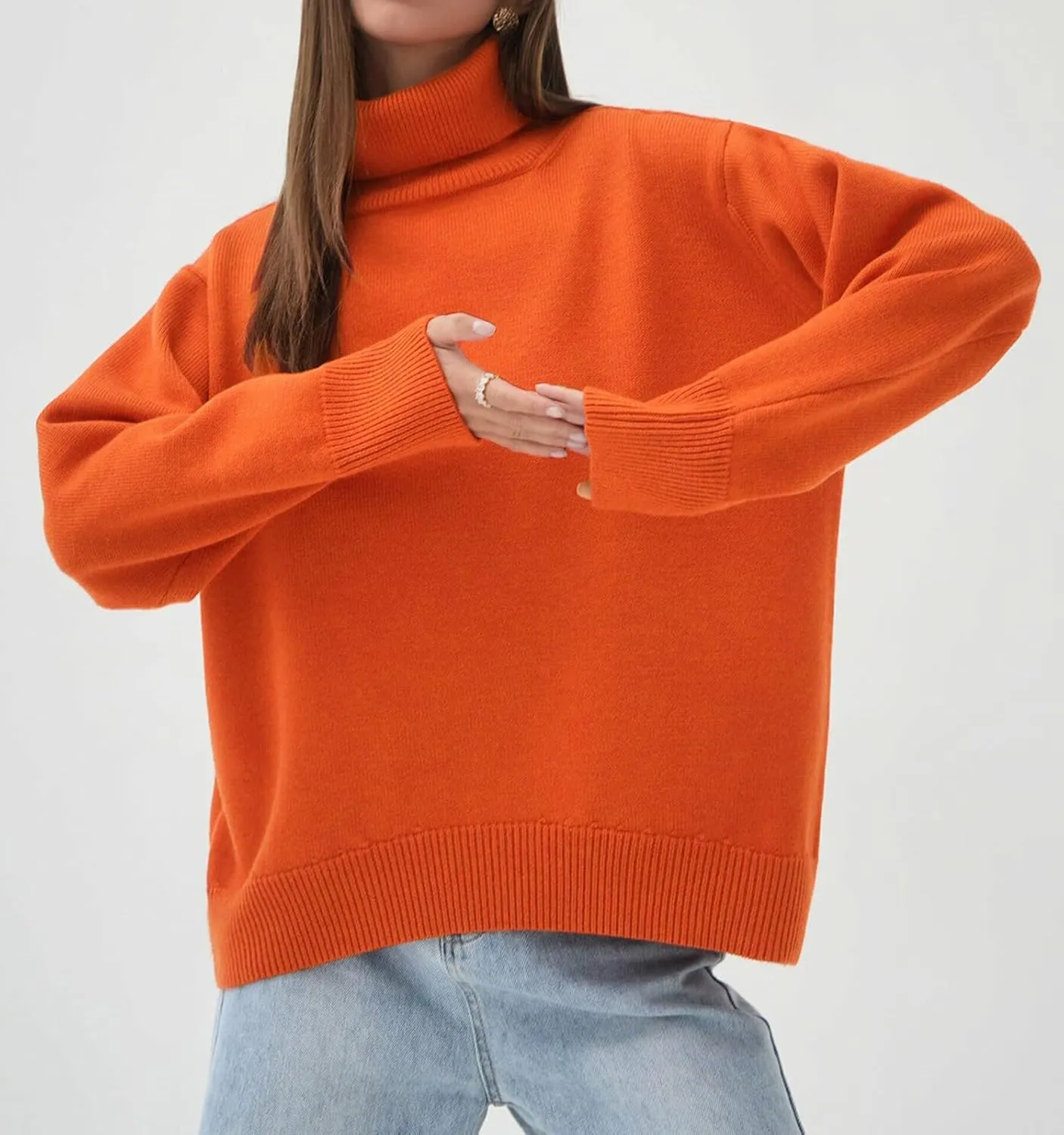 Women's Classic Turtleneck Long Sleeve Drop Shoulder Solid Color Knit Oversized Pullover Sweaters