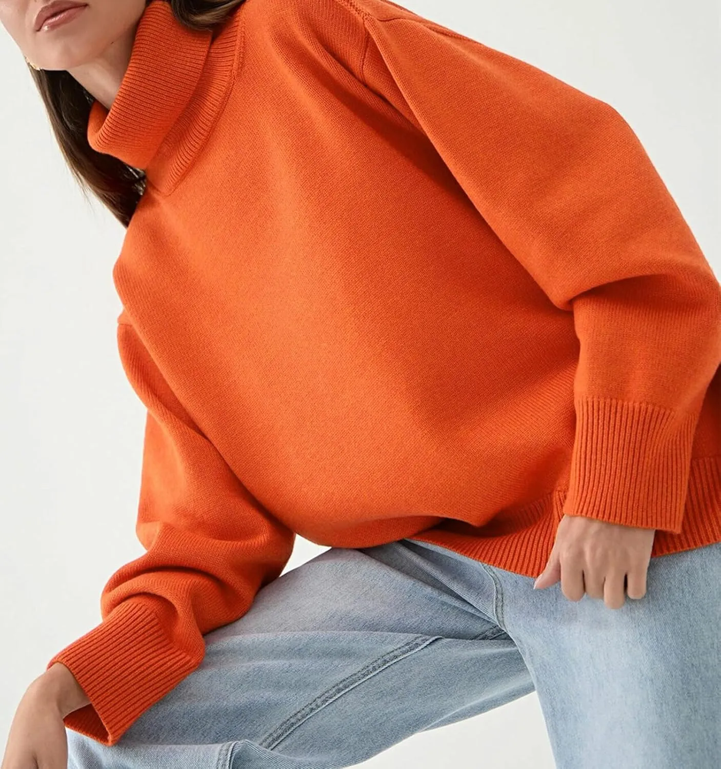 Women's Classic Turtleneck Long Sleeve Drop Shoulder Solid Color Knit Oversized Pullover Sweaters