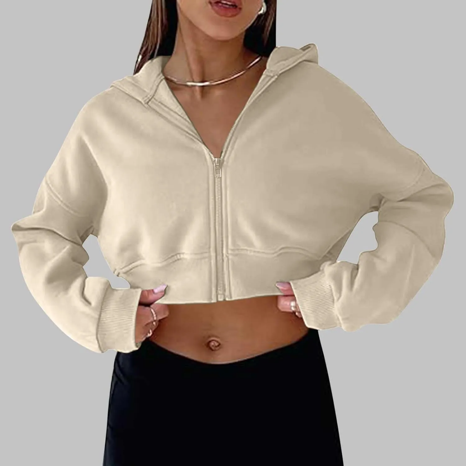 Women's Cute Pullover Half Zipper Cropped Sweatshirts, Winter Long Sleeve V Neck Knit, Fashion Hoodies Tops