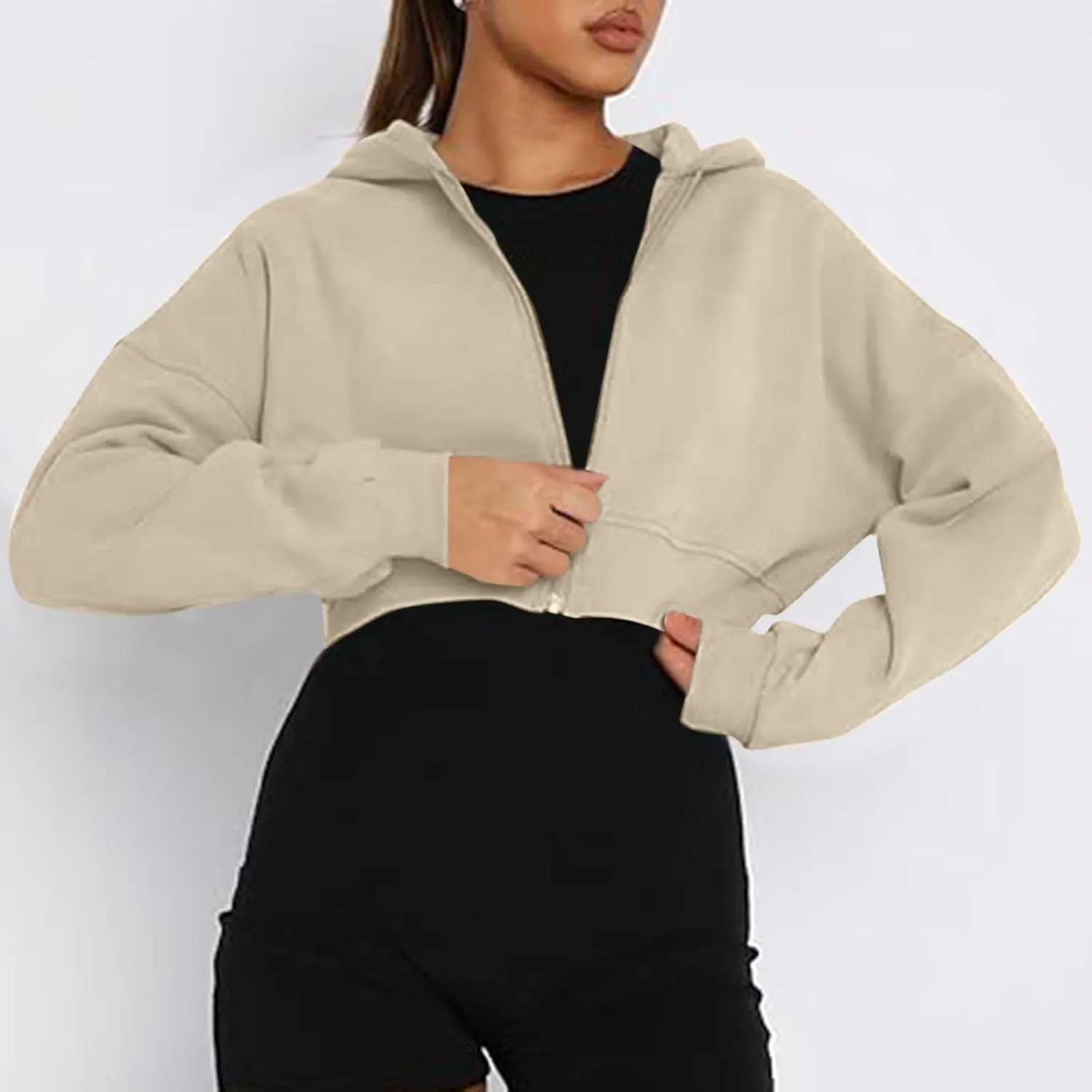 Women's Cute Pullover Half Zipper Cropped Sweatshirts, Winter Long Sleeve V Neck Knit, Fashion Hoodies Tops