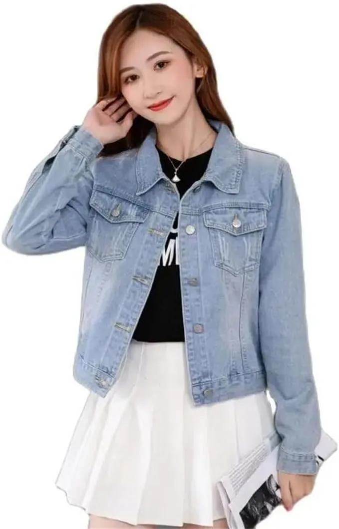 Women's Denim Jacket Slim Fit Short Style Casual Jeans Coat Lapel Outerwear