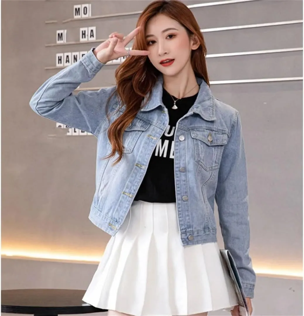 Women's Denim Jacket Slim Fit Short Style Casual Jeans Coat Lapel Outerwear