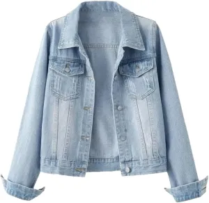 Women's Denim Jacket Slim Fit Short Style Casual Jeans Coat Lapel Outerwear