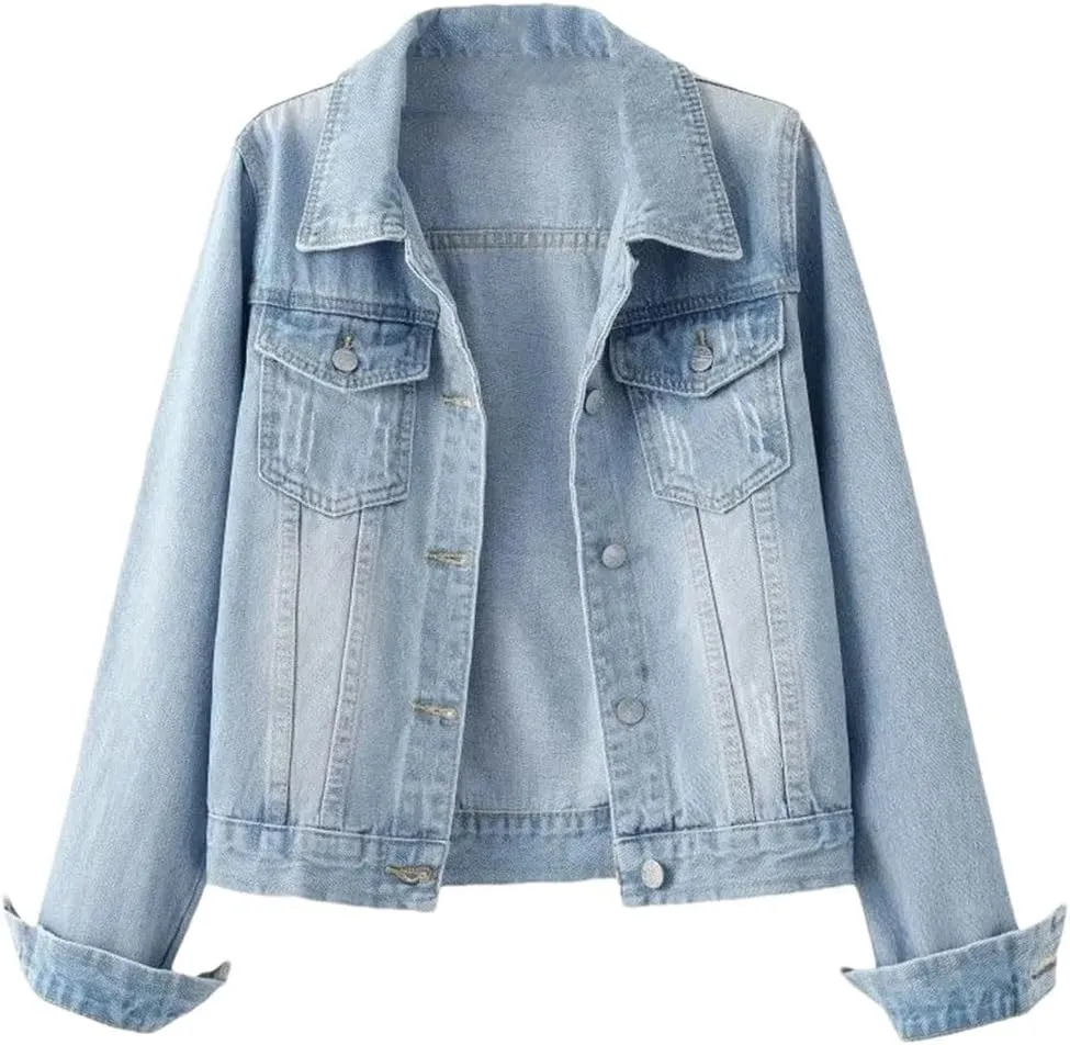 Women's Denim Jacket Slim Fit Short Style Casual Jeans Coat Lapel Outerwear