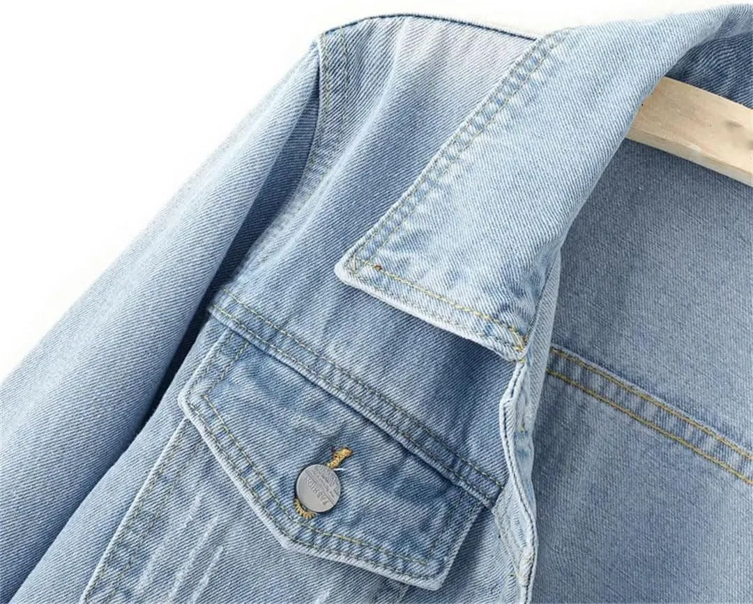Women's Denim Jacket Slim Fit Short Style Casual Jeans Coat Lapel Outerwear