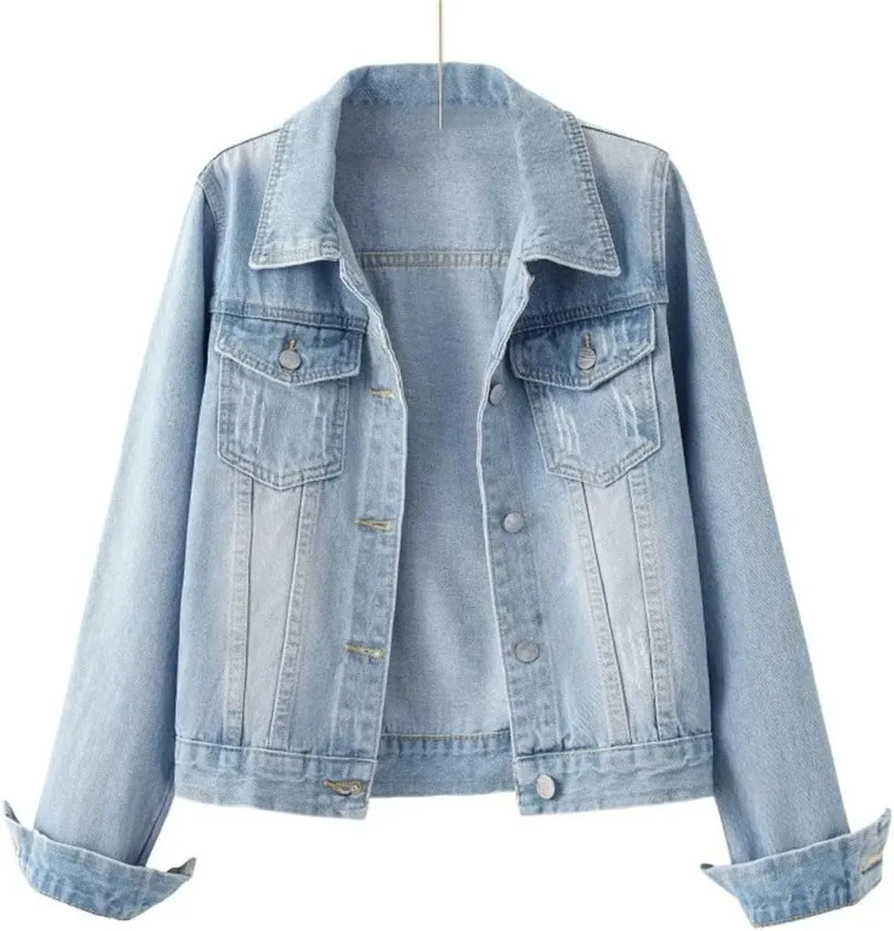 Women's Denim Jacket Slim Fit Short Style Casual Jeans Coat Lapel Outerwear