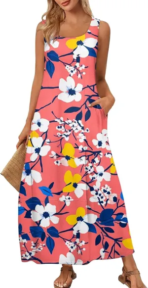 Womens Dresses Beach Vacation Scoop Neck Sundress Flowy 2025 Summer Tank Dress Casual Loose Sleeveless Maxi Dress