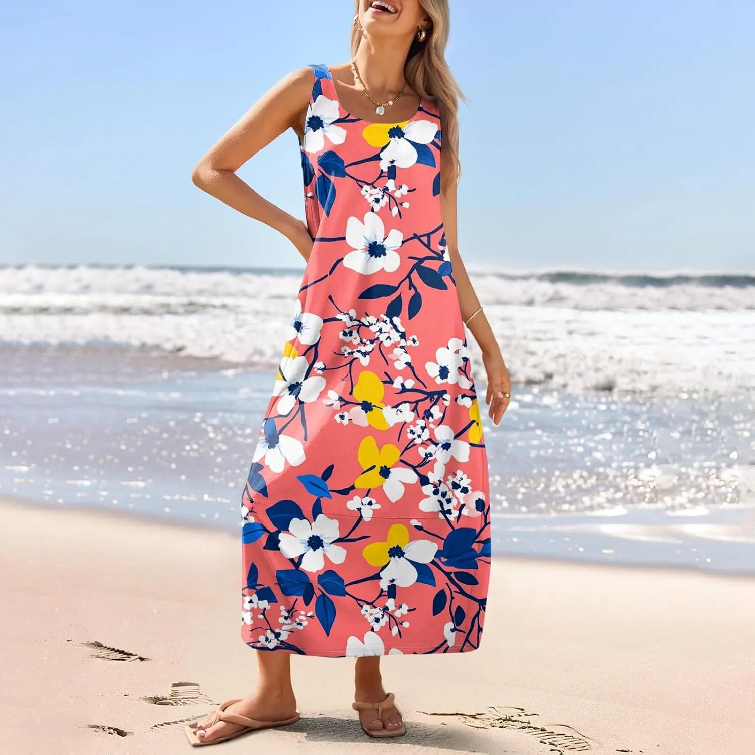 Womens Dresses Beach Vacation Scoop Neck Sundress Flowy 2025 Summer Tank Dress Casual Loose Sleeveless Maxi Dress