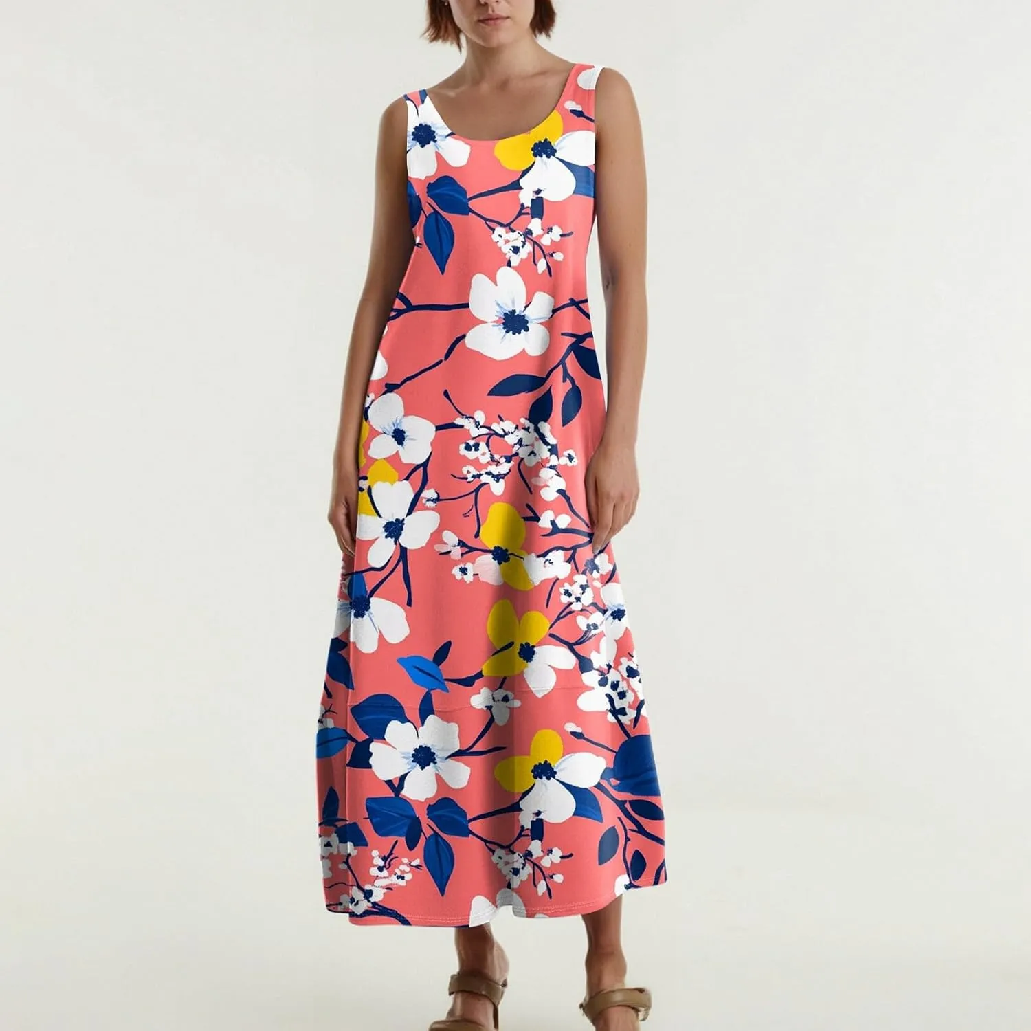 Womens Dresses Beach Vacation Scoop Neck Sundress Flowy 2025 Summer Tank Dress Casual Loose Sleeveless Maxi Dress