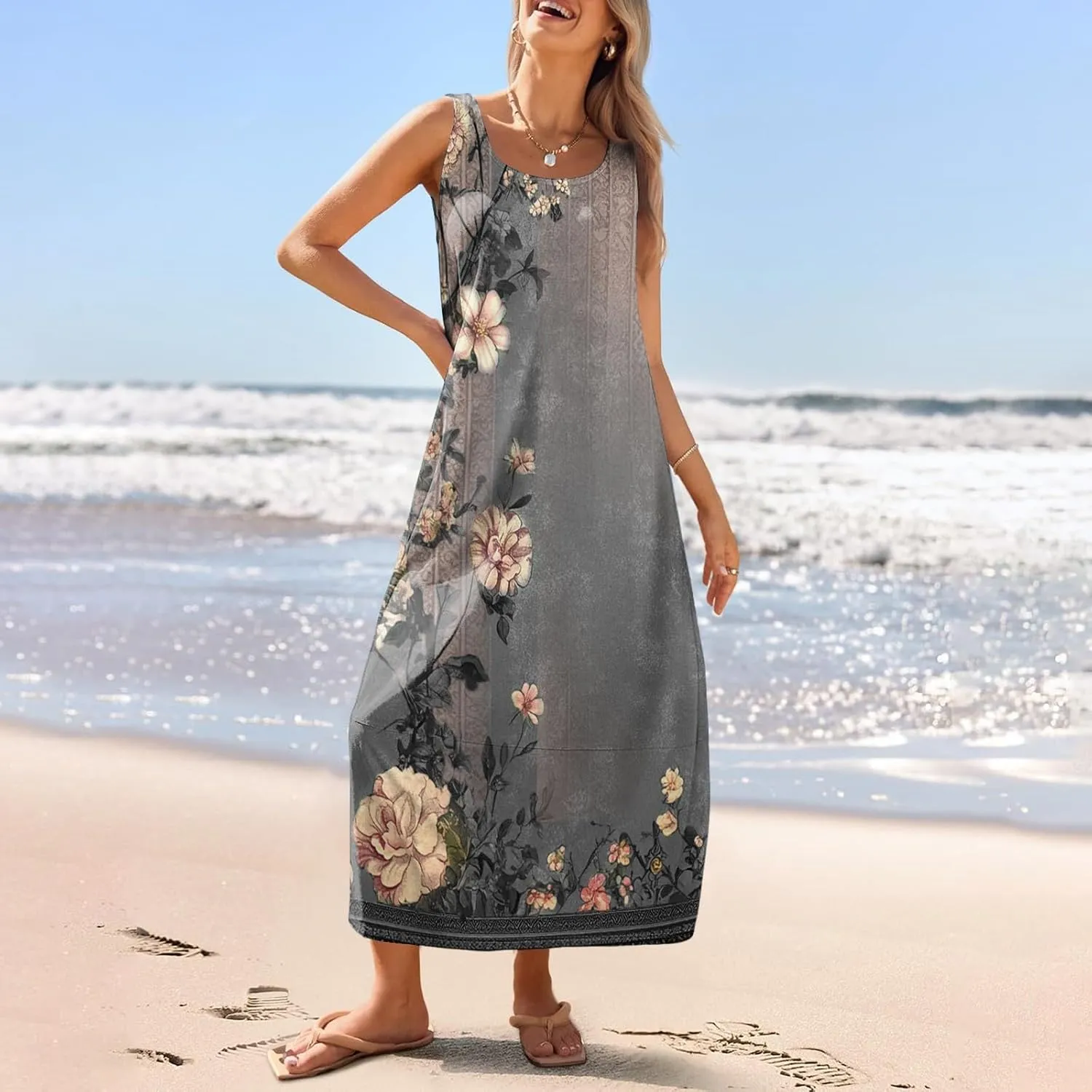 Womens Dresses Sleeveless Scoop Neck Tank Dress Loose Flowy Sundress 2025 Summer Beach Vacation Casual Maxi Dress