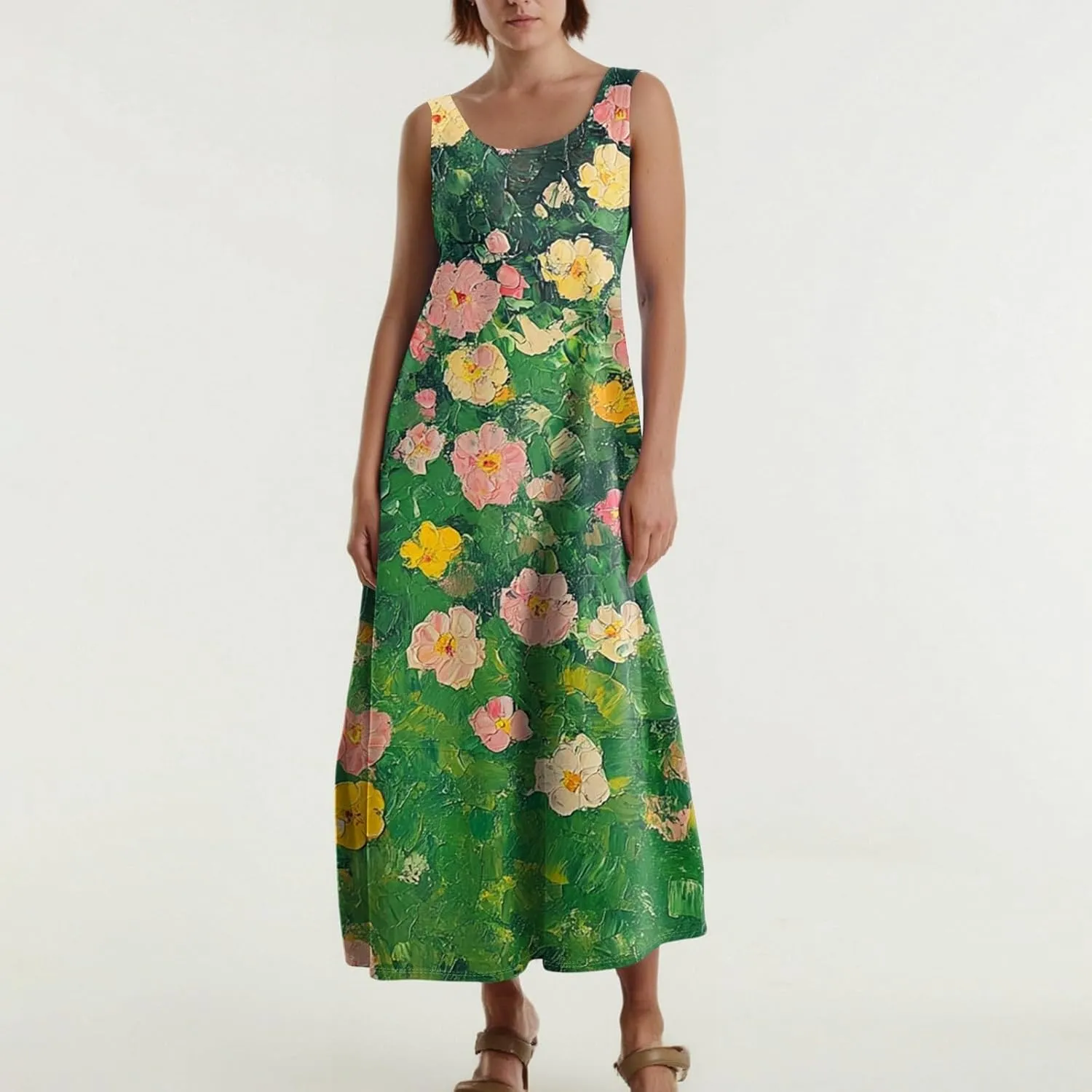 Womens Dresses Sleeveless Scoop Neck Tank Dress Loose Flowy Sundress 2025 Summer Beach Vacation Casual Maxi Dress