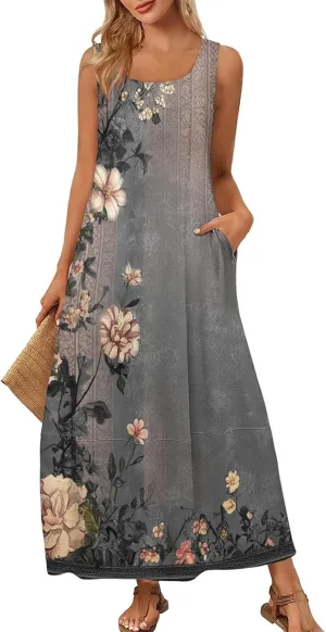 Womens Dresses Sleeveless Scoop Neck Tank Dress Loose Flowy Sundress 2025 Summer Beach Vacation Casual Maxi Dress