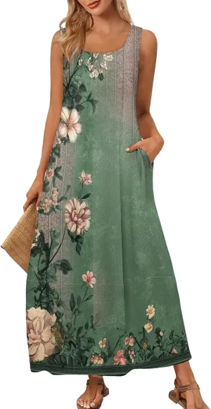 Womens Dresses Sleeveless Scoop Neck Tank Dress Loose Flowy Sundress 2025 Summer Beach Vacation Casual Maxi Dress